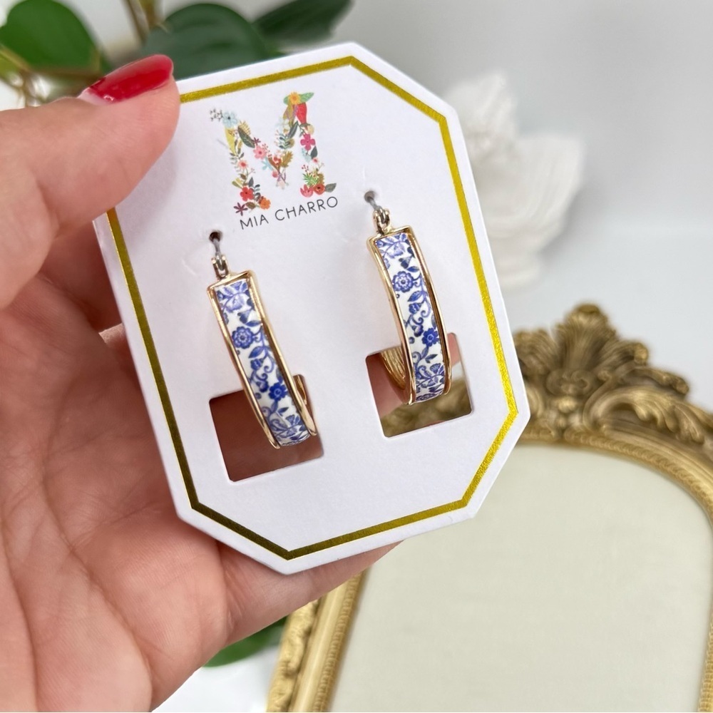 Mia Charro Blue & White Floral Enamel Hoop Earrings - Picture 6 of 10